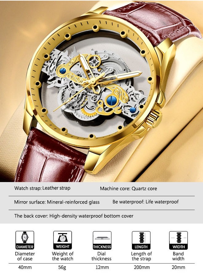 roaiss Men's Leather Strap Quartz Watch Analog Display Round Transparent Hollow Dial Imitating Mechanical Watch Design Waterproof Luminous Wristwatch as Gift for Men  - Image 3