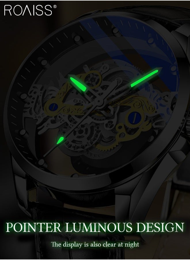 roaiss Men's Leather Strap Quartz Watch Analog Display Round Transparent Hollow Dial Imitating Mechanical Watch Design Waterproof Luminous Wristwatch as Gift for Men  - Image 5