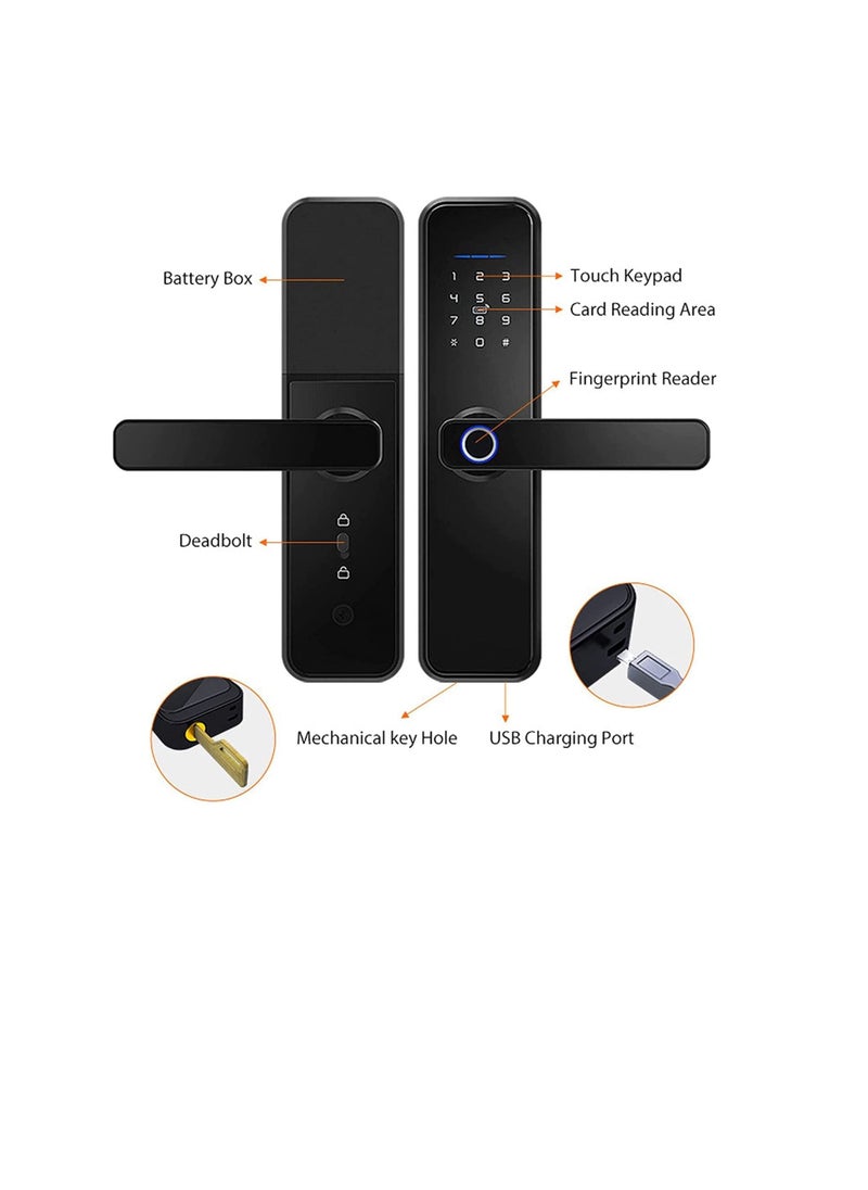 Robustline Smart Front Door Lock with 5 Function- Fingerprint, Digital Deadbolt, Smart IC Card, Keyless Bluetooth, Key, Smart APP Remote Control for Apartment, Hotel & Home Use.