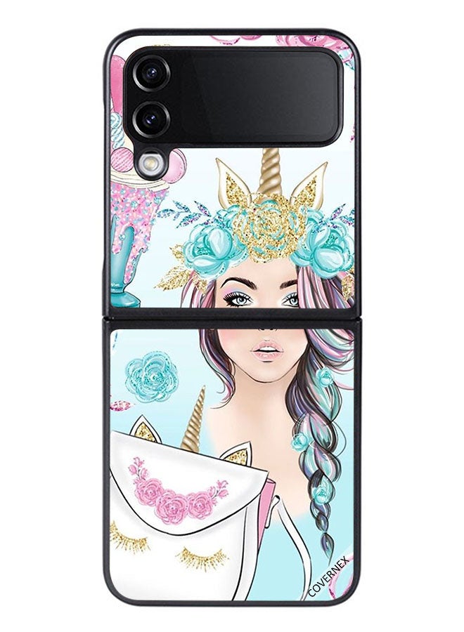 Covernex Protective Case Cover For Samsung Galaxy Z Flip 4 Eyelashes On Bag & Unicorn Girl - Image 1