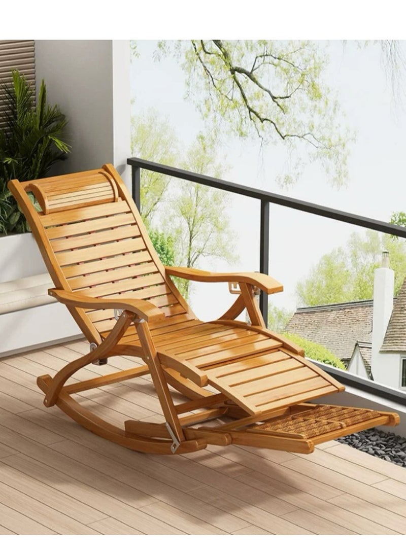 Generic Bamboo Rocking Chair Lounge Chair Folding Rocker Armchair with Adjustable Backrest Modern Leisure Recliner Chair with Cushion and Massage Hammer for Living Room Garden Balcony - Image 2