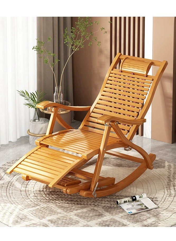 Generic Bamboo Rocking Chair Lounge Chair Folding Rocker Armchair with Adjustable Backrest Modern Leisure Recliner Chair with Cushion and Massage Hammer for Living Room Garden Balcony - Image 3