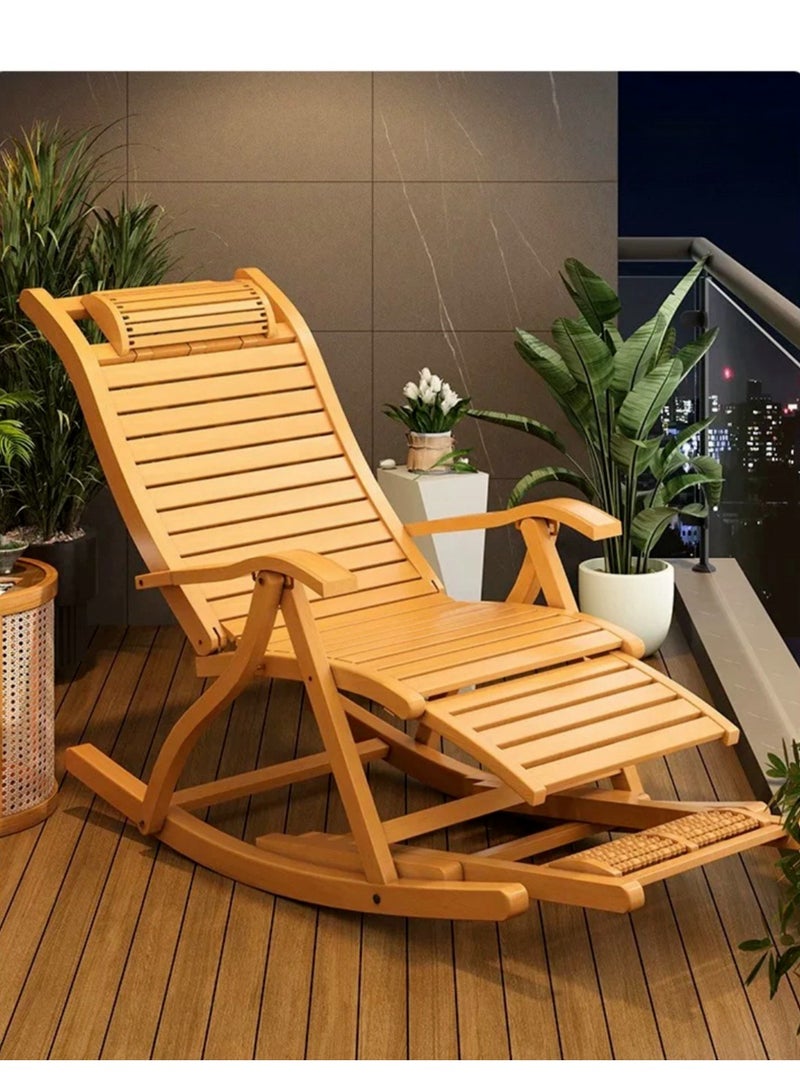 Generic Bamboo Rocking Chair Lounge Chair Folding Rocker Armchair with Adjustable Backrest Modern Leisure Recliner Chair with Cushion and Massage Hammer for Living Room Garden Balcony - Image 1