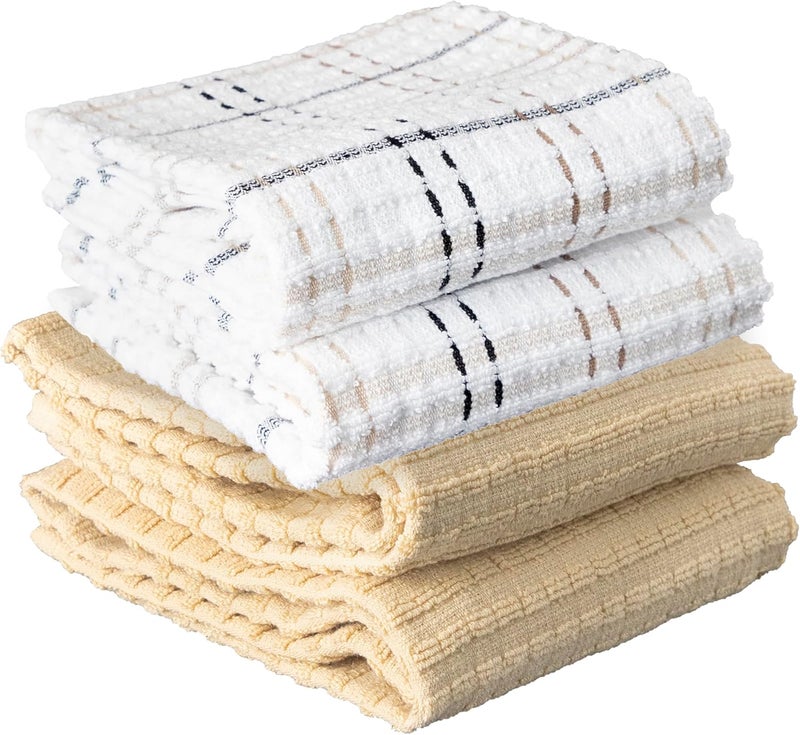 Ritz Royale Collection 100% Combed Terry Cotton, Highly Absorbent, Kitchen Dish Cloth Set, 13-3/4" x 12", 4-Pack, Solid & Checked, Latte - Image 1