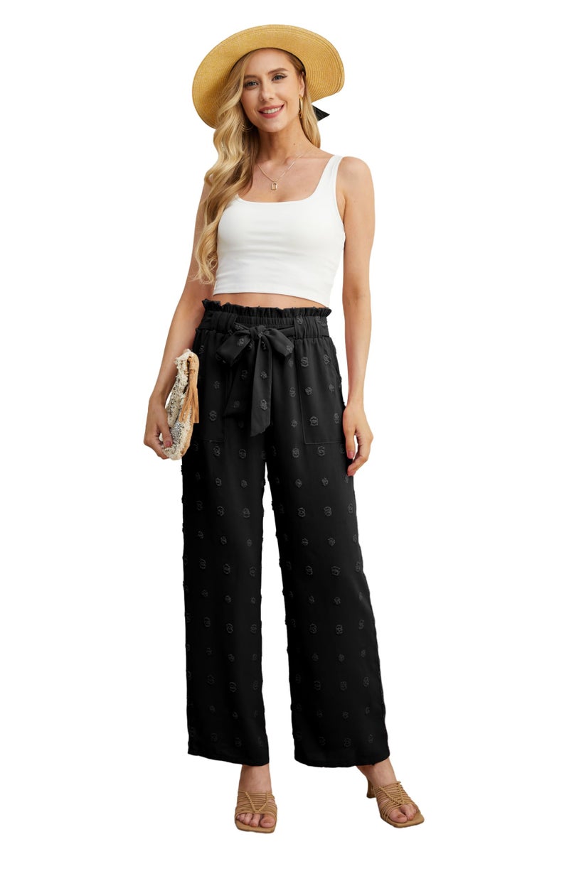 IWOLLENCE Women's Wide Leg Pants with Pockets High Waist Adjustable Knot Loose Casual Trousers Business Work Casual Pants TH Black M - Image 2