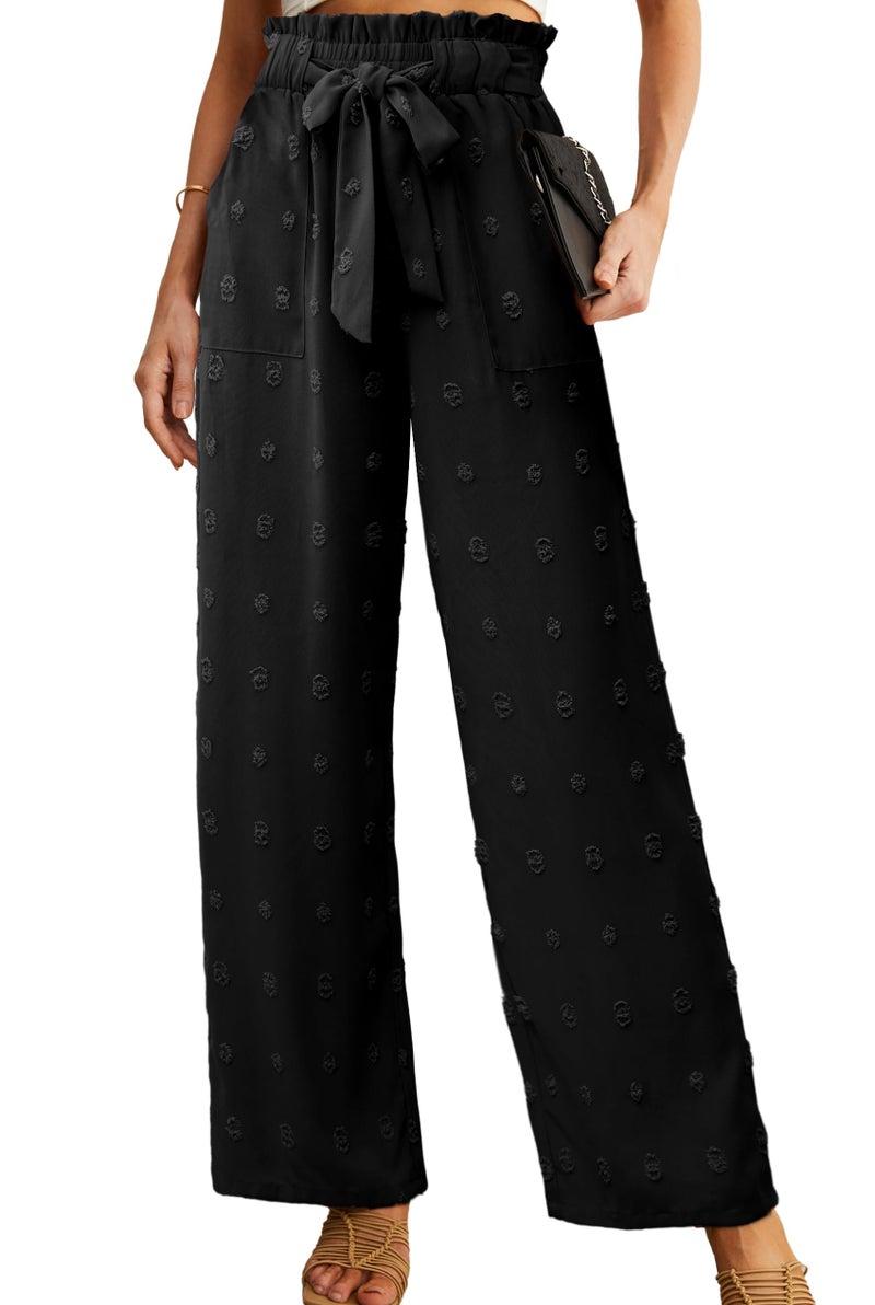 IWOLLENCE Women's Wide Leg Pants with Pockets High Waist Adjustable Knot Loose Casual Trousers Business Work Casual Pants TH Black M - Image 1