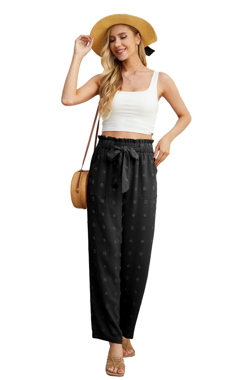 IWOLLENCE Women's Wide Leg Pants with Pockets High Waist Adjustable Knot Loose Casual Trousers Business Work Casual Pants TH Black M - Image 4