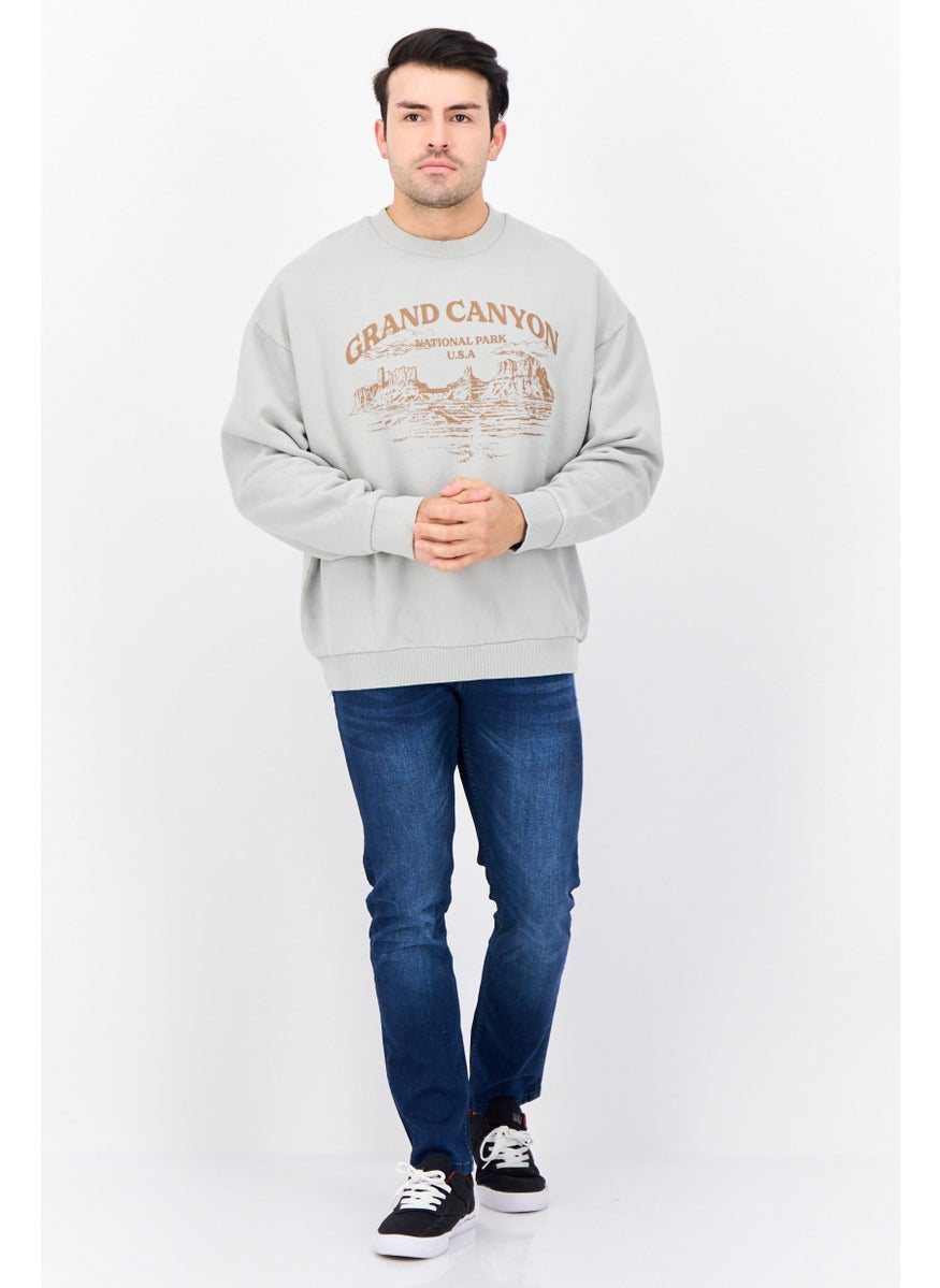Reclaimed Vintage - Men Crew Neck Graphic Print Long Sleeves Sweatshirt, Light Grey - Image 1