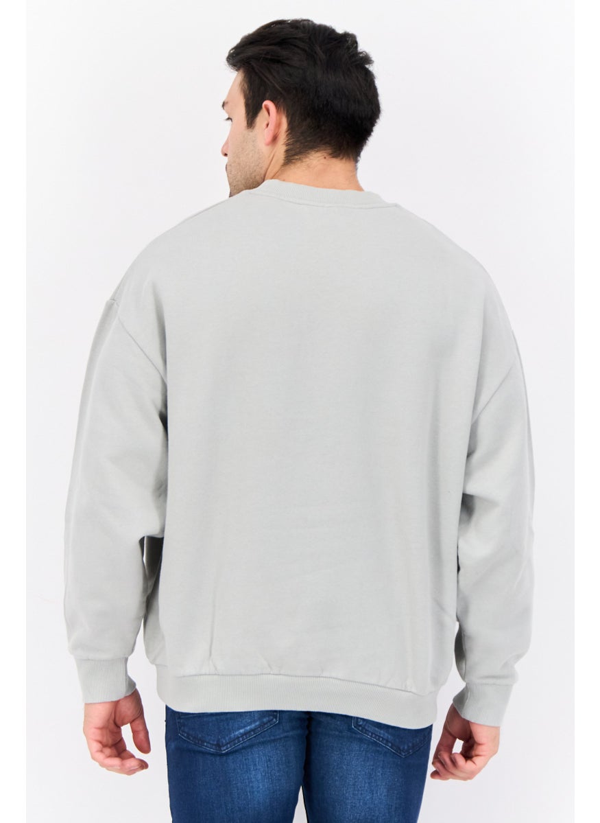 Reclaimed Vintage - Men Crew Neck Graphic Print Long Sleeves Sweatshirt, Light Grey - Image 1