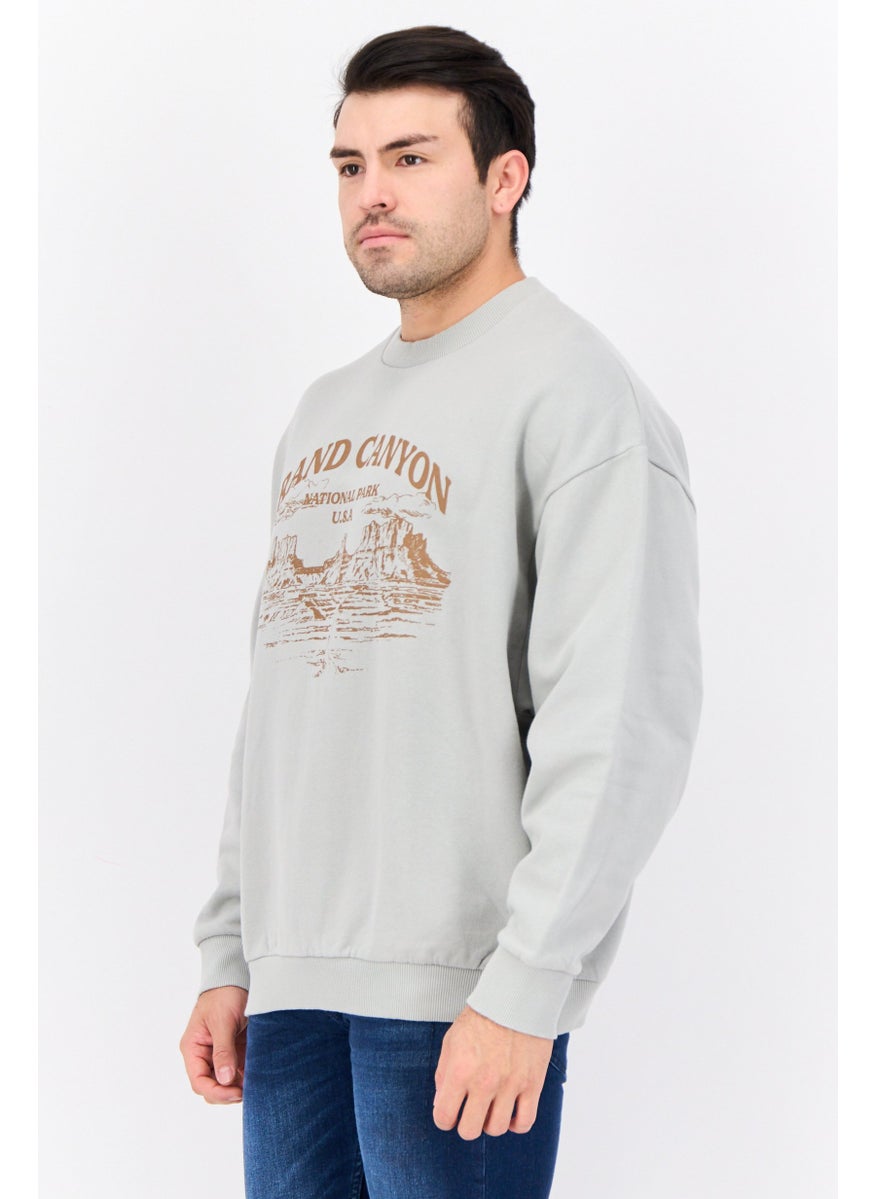 Reclaimed Vintage - Men Crew Neck Graphic Print Long Sleeves Sweatshirt, Light Grey - Image 1