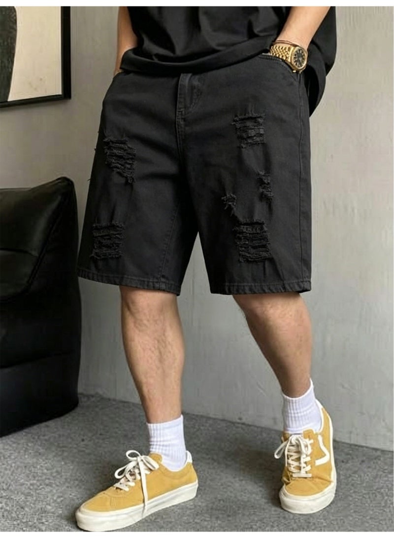 شورت جينز رجالي أسود ممزق بتصميم فضفاض يصل إلى الركبة، مناسب لفصل الصيف - Image 2