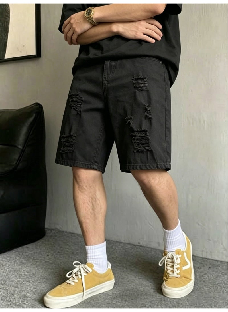 شورت جينز رجالي أسود ممزق بتصميم فضفاض يصل إلى الركبة، مناسب لفصل الصيف - Image 1