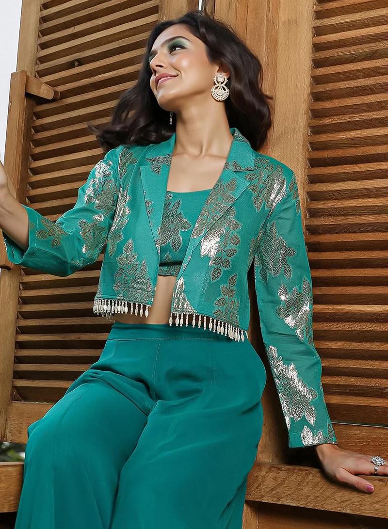  قصة Women's Teal Green Plume Threads Co-Ord Set