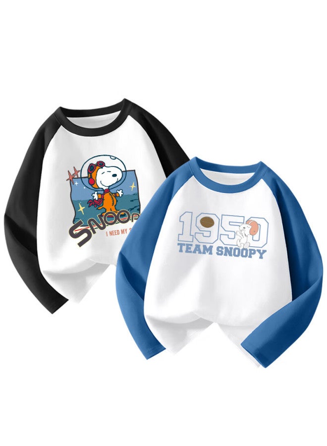 Snoopy Kids Long Sleeve Cotton T-shirt Set Of 2 Spring Black Astronaut + Blue Football 160