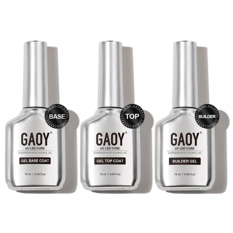GAOY Gel Top Coat, Builder Gel and Base Coat Set, 3 Pcs 16ml Clear Glossy No Wipe Combination for UV Light Cure - Image 1