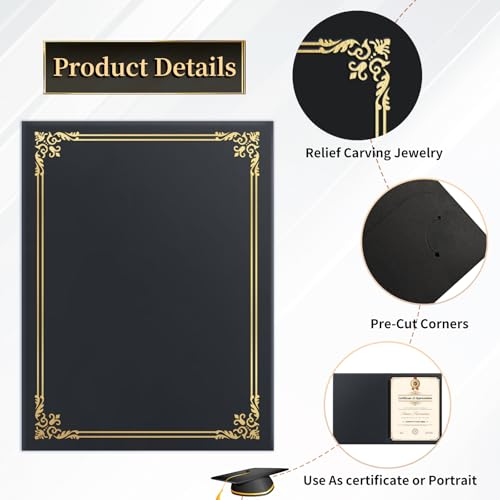 Sadoup 12 Packs Certificate Covers,Black Cardboard Diploma Cover,Certificate Holders Gold Foil Border,for Letter Size 8.5 x 11 Inch Awards and Certificates - Image 3