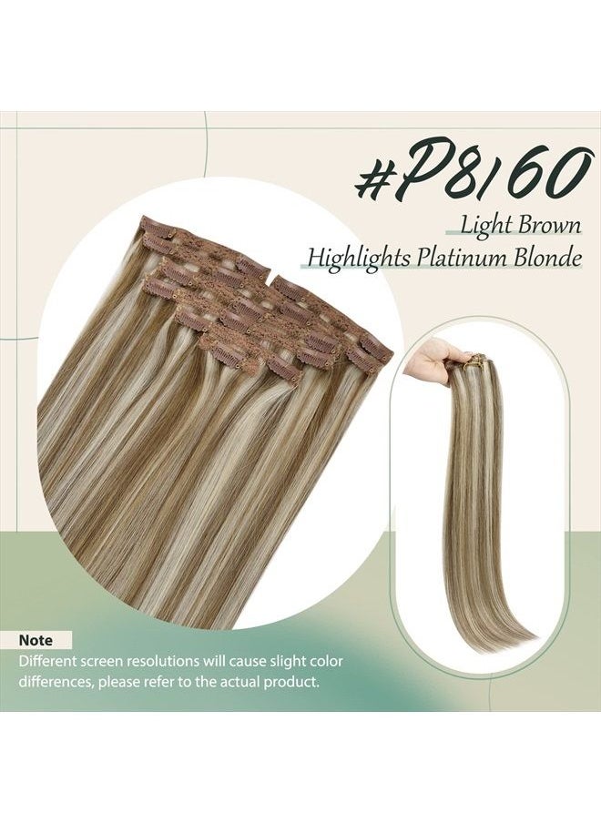 Sunny Hair Sunny Clip In Hair Extensions Highlights Light Brown with Platinum Blonde Human Hair Clip In Extensions Highlights Remy Hair Brown Blonde Invisible Clip In Extensions Double Weft 7Pcs 120G 18Inch  - Image 2