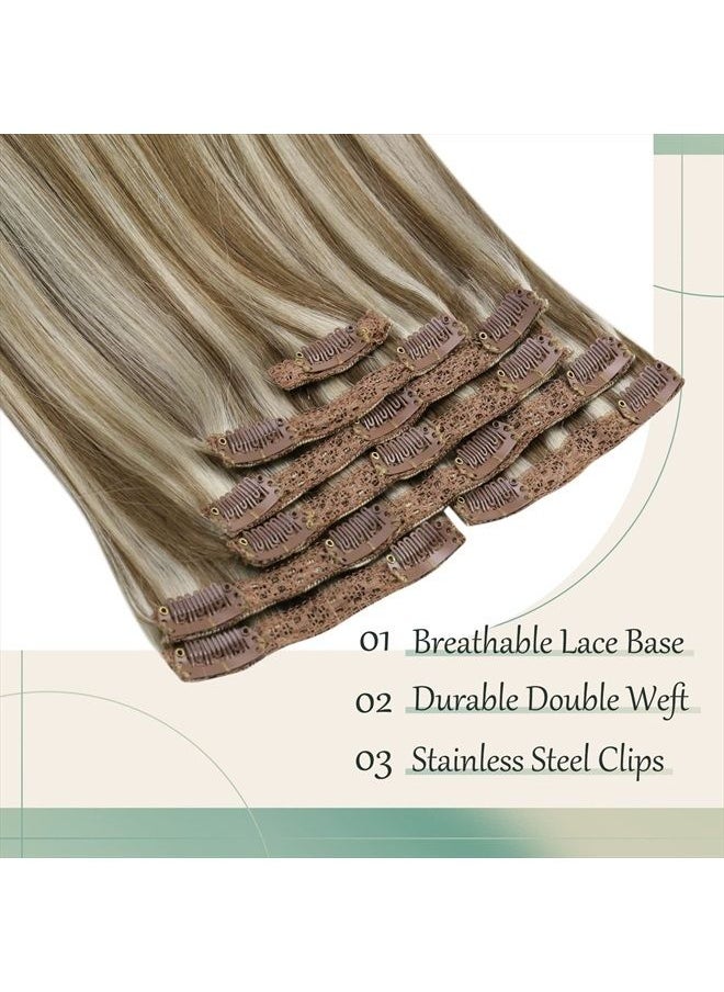 Sunny Hair Sunny Clip In Hair Extensions Highlights Light Brown with Platinum Blonde Human Hair Clip In Extensions Highlights Remy Hair Brown Blonde Invisible Clip In Extensions Double Weft 7Pcs 120G 18Inch  - Image 4