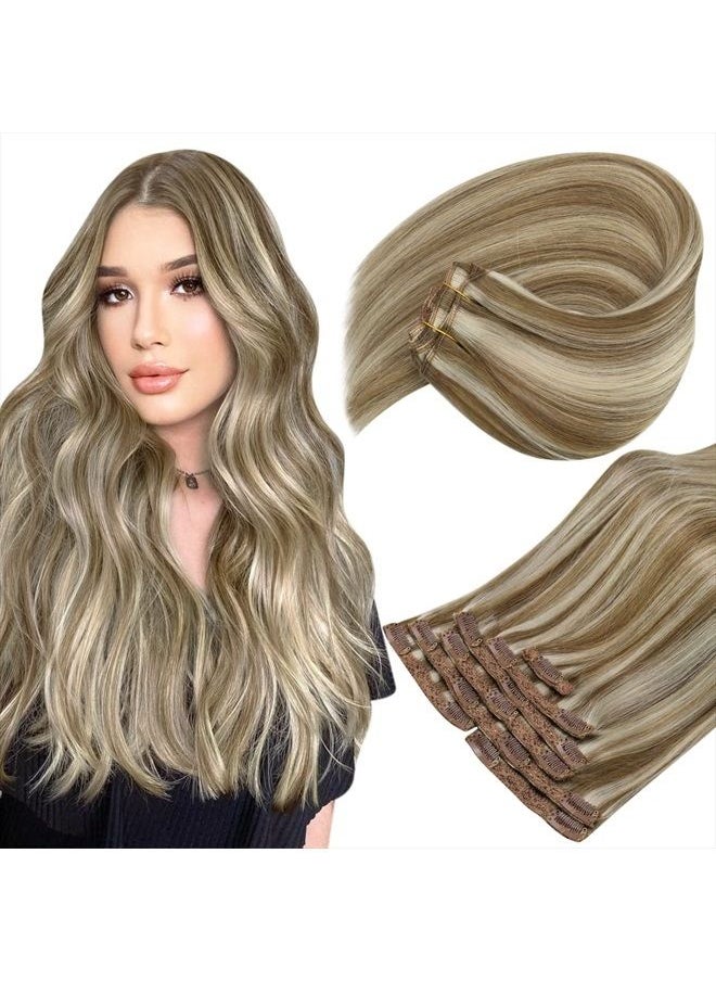 Sunny Hair Sunny Clip In Hair Extensions Highlights Light Brown with Platinum Blonde Human Hair Clip In Extensions Highlights Remy Hair Brown Blonde Invisible Clip In Extensions Double Weft 7Pcs 120G 18Inch  - Image 1