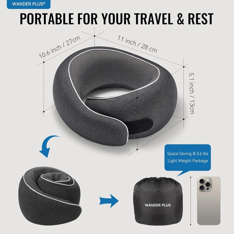 WANDER PLUS ® Travel Neck Pillow, Pure Memory Foam Neck Pillow for Airplanes, Comfortable Breathable Cover, 360 Degree Support Ergonomic Design Best for Sleeping Plane Train Travel Essentials Max Grey - Image 3