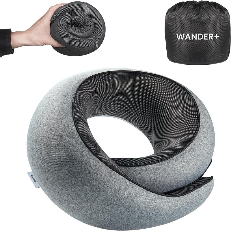 WANDER PLUS ® Travel Neck Pillow, Pure Memory Foam Neck Pillow for Airplanes, Comfortable Breathable Cover, 360 Degree Support Ergonomic Design Best for Sleeping Plane Train Travel Essentials Max Grey - Image 1