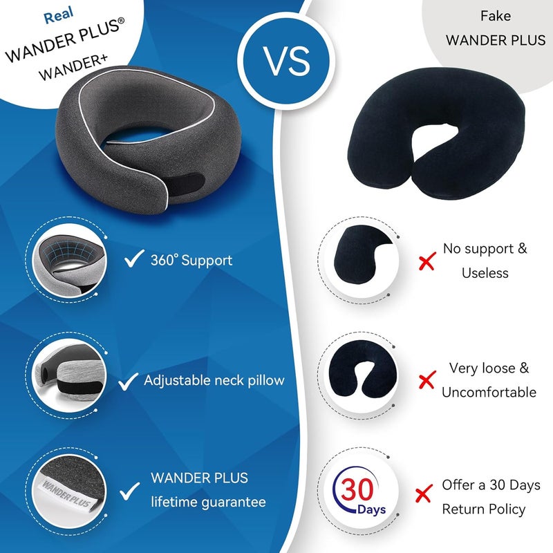WANDER PLUS ® Travel Neck Pillow, Pure Memory Foam Neck Pillow for Airplanes, Comfortable Breathable Cover, 360 Degree Support Ergonomic Design Best for Sleeping Plane Train Travel Essentials Max Grey - Image 4