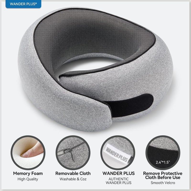 WANDER PLUS ® Travel Neck Pillow, Pure Memory Foam Neck Pillow for Airplanes, Comfortable Breathable Cover, 360 Degree Support Ergonomic Design Best for Sleeping Plane Train Travel Essentials Max Grey - Image 5