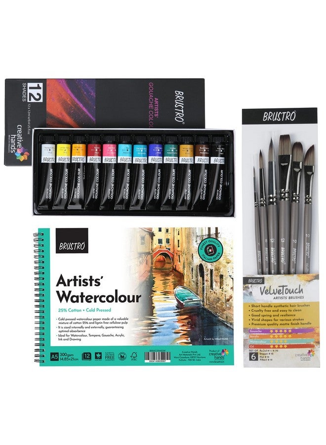 BRUSTRO Artists’ Gouache Colour Set of 12 Colours X 12ML Tubes with VelveTouch Brushes for Acrylics, Watercolor, Oil (Sets of 6) and Watercolour Pad 25% Cotton 300 GSM A5 Wiro Bound (12) Sheets
