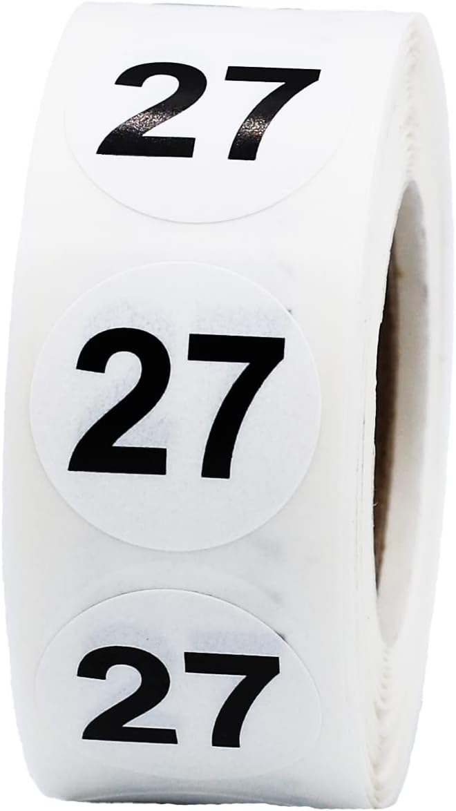InStockLabels.com White with Black Number 27 Circle Dot Stickers, 3/4 Inch Round, 500 Labels on a Roll - Image 1