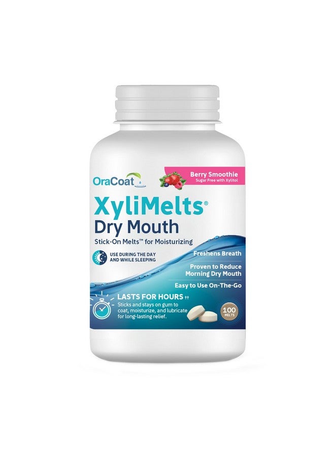 أوراكوت لاصقات OraCoat XyliMelts المرطبة لتخفيف جفاف الفم مع إكسيليتول، 100 قطعة، عصير التوت، يساعد على تحفيز اللعاب لعلاج جفاف الفم، غير حمضي، للاستخدام ليلاً ونهارًا، إطلاق مؤقت لمدة تصل إلى 8 ساعات - Image 1