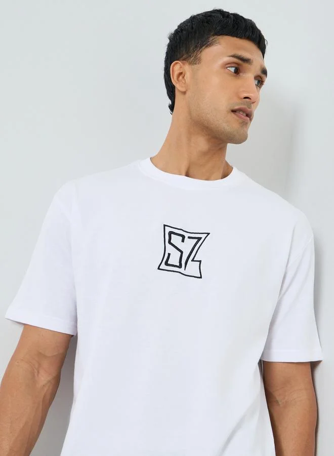 Styli Men Oversized Embroidered Crew Neck T-Shirt