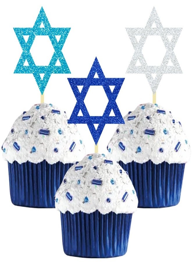 Moitkptt 24Pcs Hanukkah Star of David Cupcake Toppers, Glitter Star of David Decorations for Hanukkah Theme Party Supplies(Star of David) - Image 1