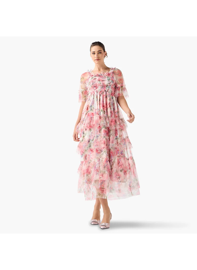 2Xtremz 2Xtremz Floral Print Midi Dress with Ruffle Detail