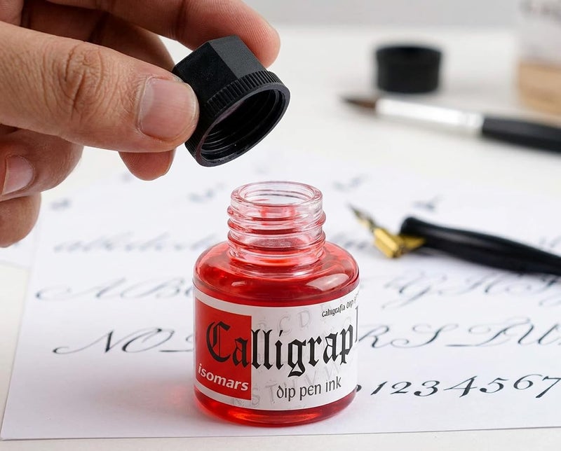 Isomars Calligraphy Ink for Dip Pens Suitable for G Nibs, Flex Nibs and Pilot Parallel Pen - Set of 5 Colors - with Free Calligraphy Oblique Holder - Image 2