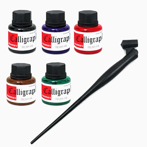 Isomars Calligraphy Ink for Dip Pens Suitable for G Nibs, Flex Nibs and Pilot Parallel Pen - Set of 5 Colors - with Free Calligraphy Oblique Holder - Image 1