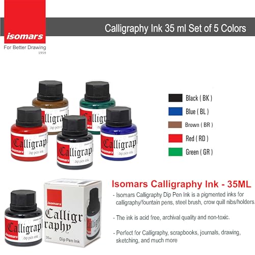 Isomars Calligraphy Ink for Dip Pens Suitable for G Nibs, Flex Nibs and Pilot Parallel Pen - Set of 5 Colors - with Free Calligraphy Oblique Holder - Image 5