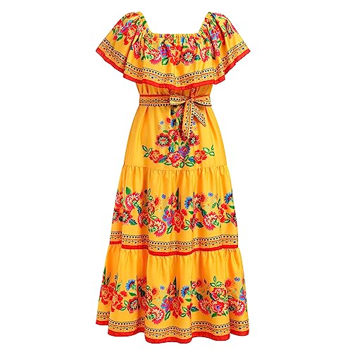 IKADEX Women Mexican Dress Off Shoulder Floral Long Maxi Dress Summer Beach Party Cinco de Mayo Dresses Yellow S - Image 2