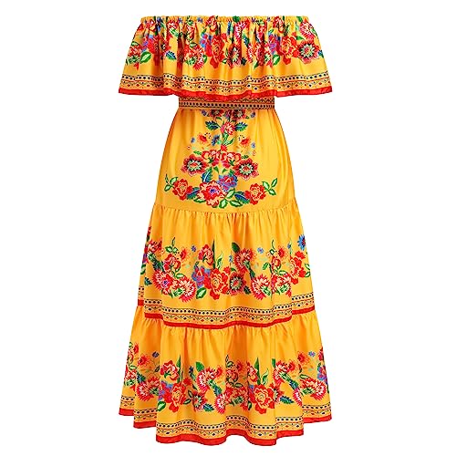 IKADEX Women Mexican Dress Off Shoulder Floral Long Maxi Dress Summer Beach Party Cinco de Mayo Dresses Yellow S - Image 3