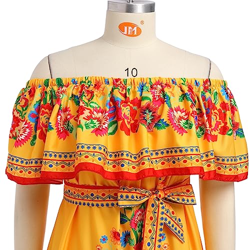 IKADEX Women Mexican Dress Off Shoulder Floral Long Maxi Dress Summer Beach Party Cinco de Mayo Dresses Yellow S - Image 4