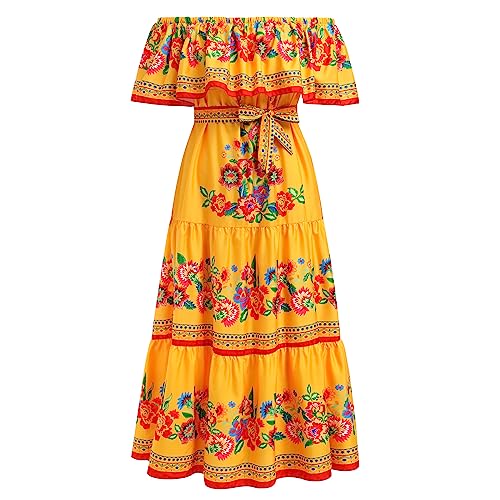 IKADEX Women Mexican Dress Off Shoulder Floral Long Maxi Dress Summer Beach Party Cinco de Mayo Dresses Yellow S - Image 1