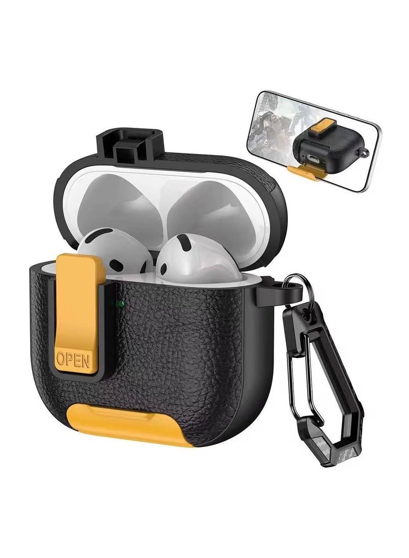 AirPods 4 Case with Phone Stand, Secure Lock Design Silicone Protection with Leather Texture for Airpod 4 (Black Yellow) - Image 1