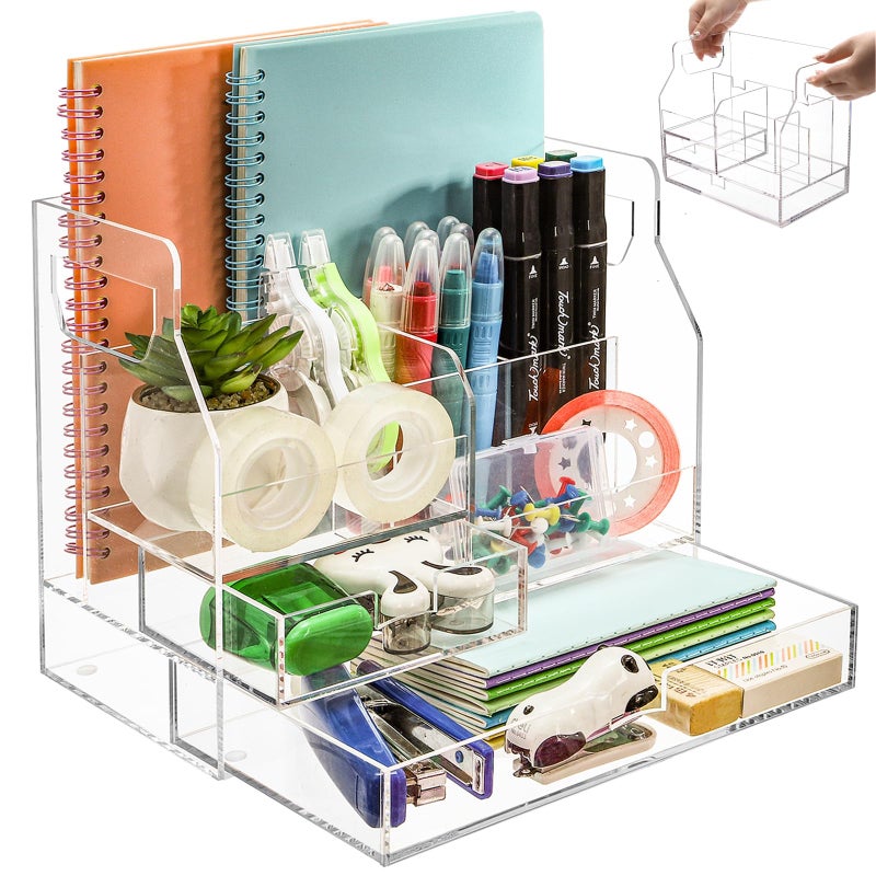 Cididu Acrylic Desk Organizer with 2 Drawers, Clear Office Drawer Organizer with Handle, Pencil Pen Holder Storage Desktop Accessories 7 Compartments for Home Makeup Magazine File Art Supply - Image 1