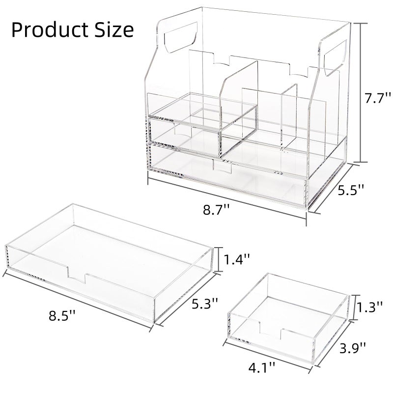 Cididu Acrylic Desk Organizer with 2 Drawers, Clear Office Drawer Organizer with Handle, Pencil Pen Holder Storage Desktop Accessories 7 Compartments for Home Makeup Magazine File Art Supply - Image 2