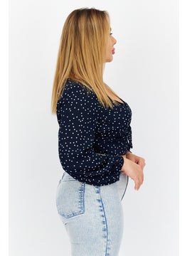 BB Dakota by Steve Madden Women V-Neck Long Sleeve Polka Dots Top, Navy Blue  - Image 2