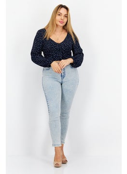 BB Dakota by Steve Madden Women V-Neck Long Sleeve Polka Dots Top, Navy Blue  - Image 3