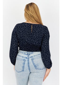 BB Dakota by Steve Madden Women V-Neck Long Sleeve Polka Dots Top, Navy Blue  - Image 4