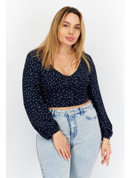 BB Dakota by Steve Madden Women V-Neck Long Sleeve Polka Dots Top, Navy Blue  - Image 1
