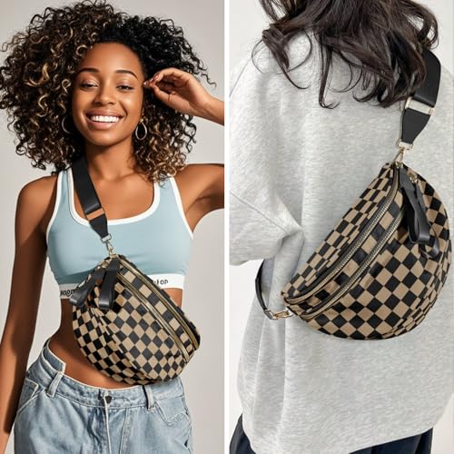 NEWROGENG Checkered Crossbody Bags for Women, Large Nylon Bum Bags Plus Size Fanny Pack Sling Bag Belt Bag for Women Travel, Khaki Black Checkered - Image 3
