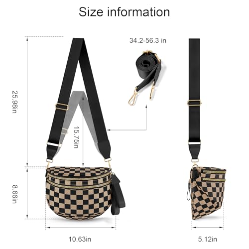 NEWROGENG Checkered Crossbody Bags for Women, Large Nylon Bum Bags Plus Size Fanny Pack Sling Bag Belt Bag for Women Travel, Khaki Black Checkered - Image 4