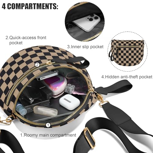NEWROGENG Checkered Crossbody Bags for Women, Large Nylon Bum Bags Plus Size Fanny Pack Sling Bag Belt Bag for Women Travel, Khaki Black Checkered - Image 5